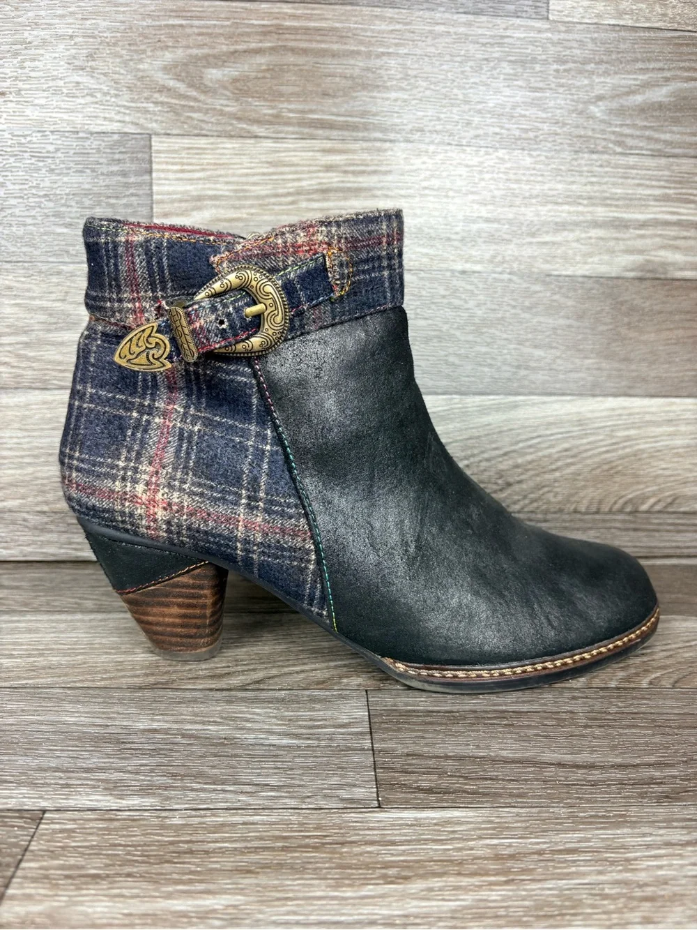 L'Artiste by Spring Step Scottala Ankle Boots Black Leather Plaid Fabric 8.5 39